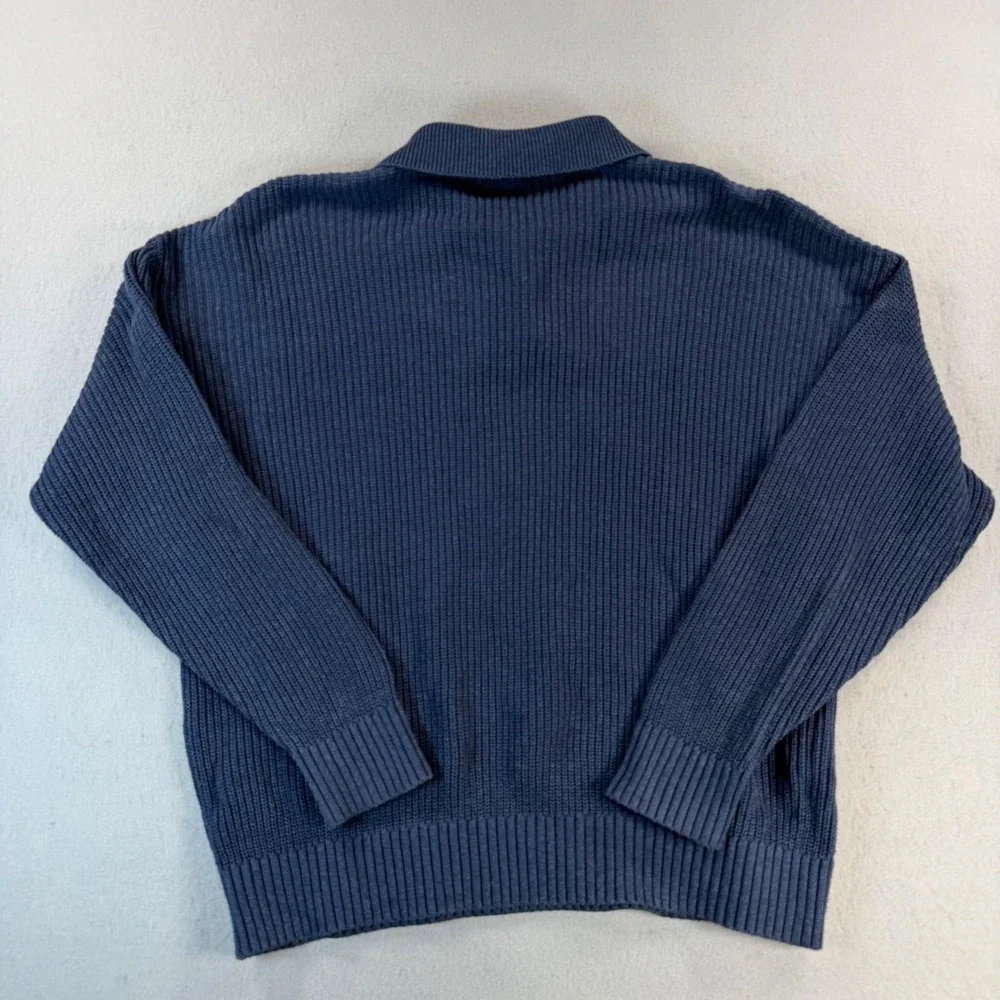 Lunya Good In Bed Navy Blue Chunky Knit Polo Sweater Cotton Silk Mens XS